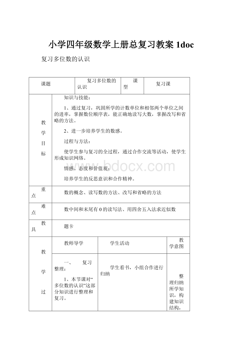 小学四年级数学上册总复习教案1doc.docx