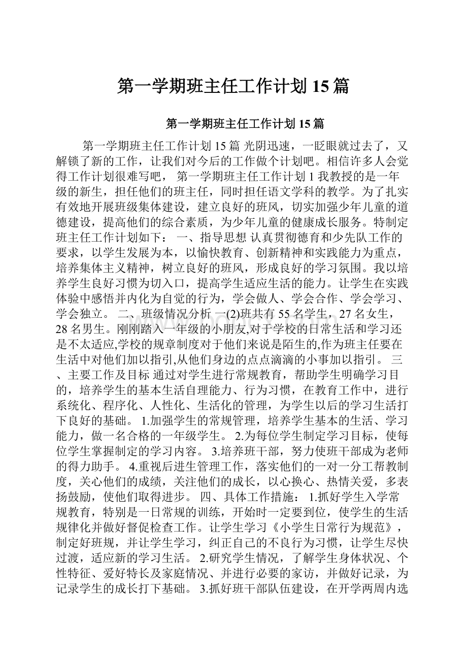 第一学期班主任工作计划15篇.docx