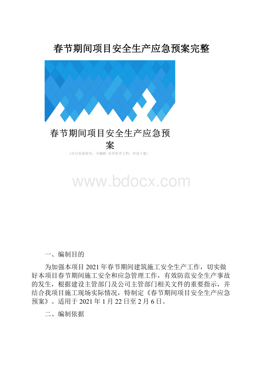 春节期间项目安全生产应急预案完整.docx_第1页