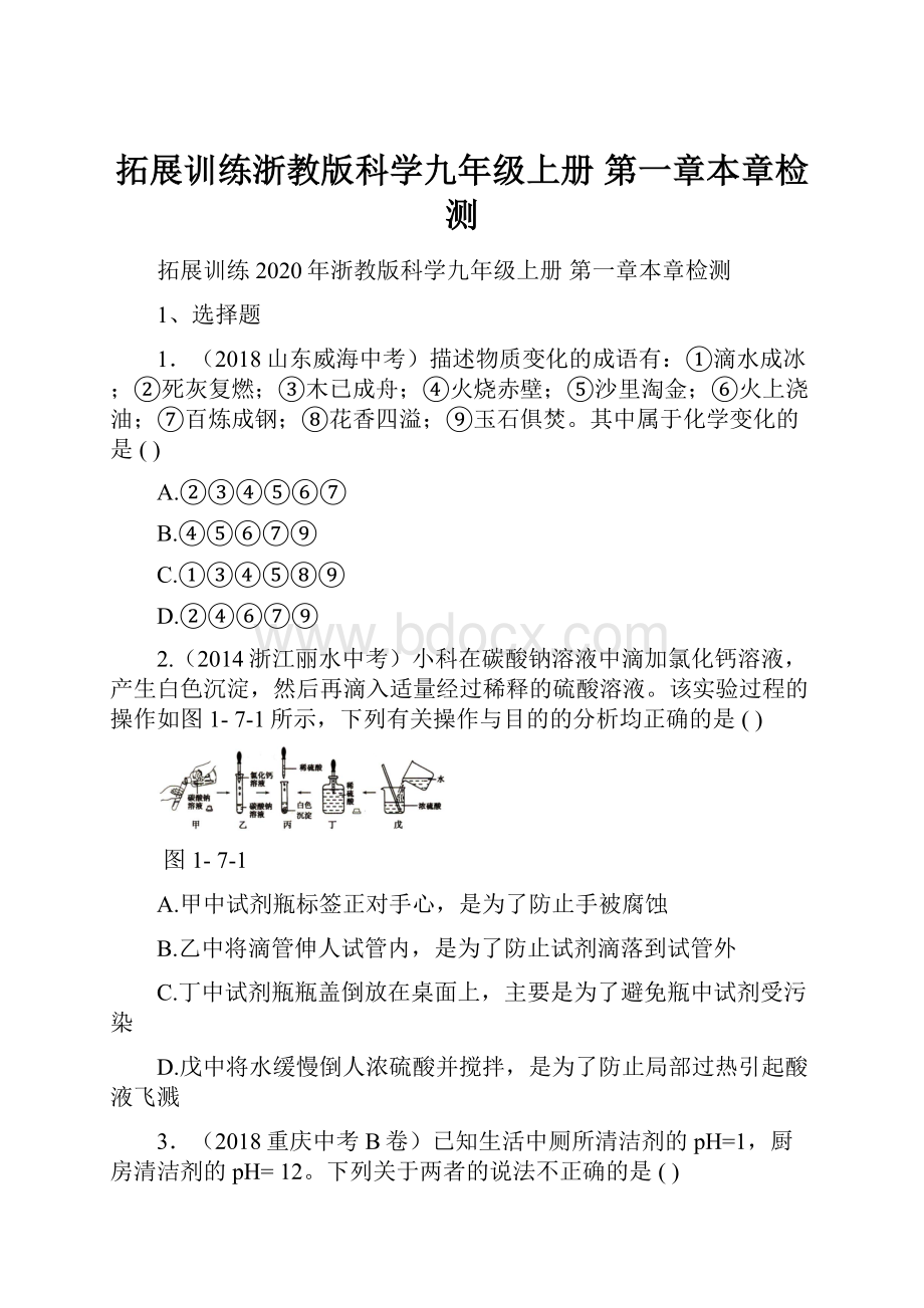 拓展训练浙教版科学九年级上册第一章本章检测.docx