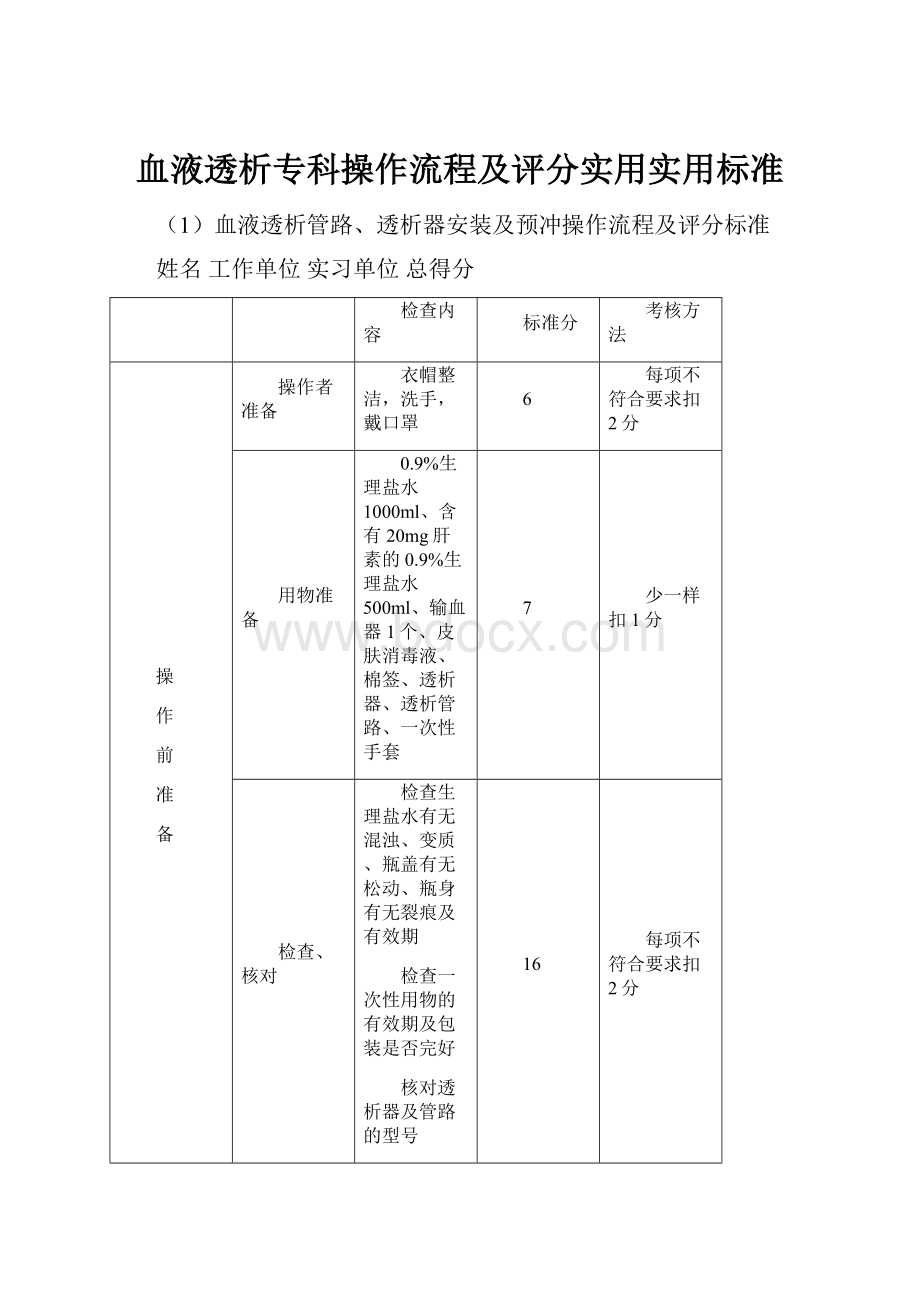 血液透析专科操作流程及评分实用实用标准.docx