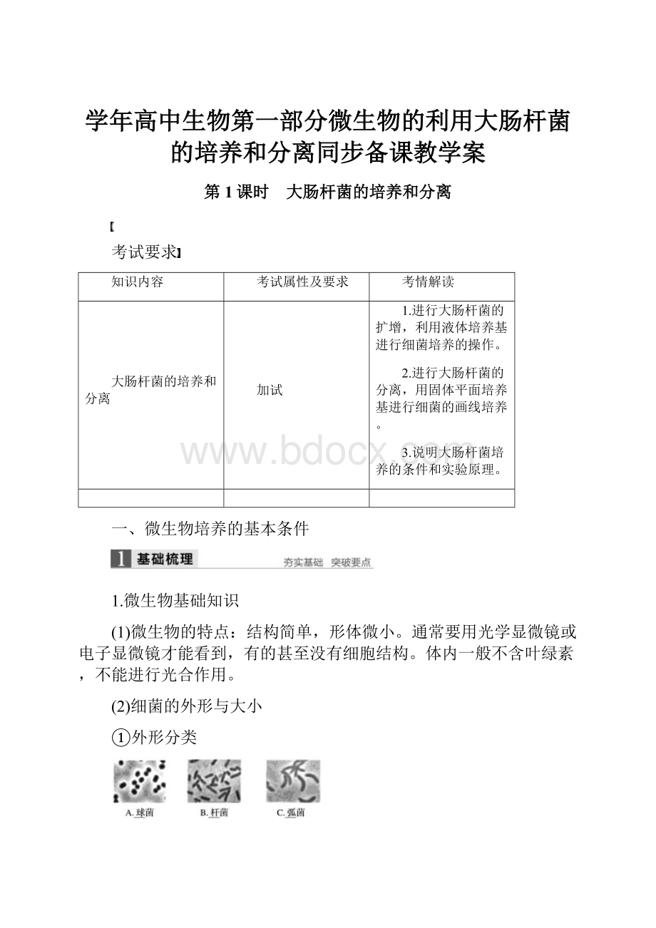 学年高中生物第一部分微生物的利用大肠杆菌的培养和分离同步备课教学案.docx_第1页