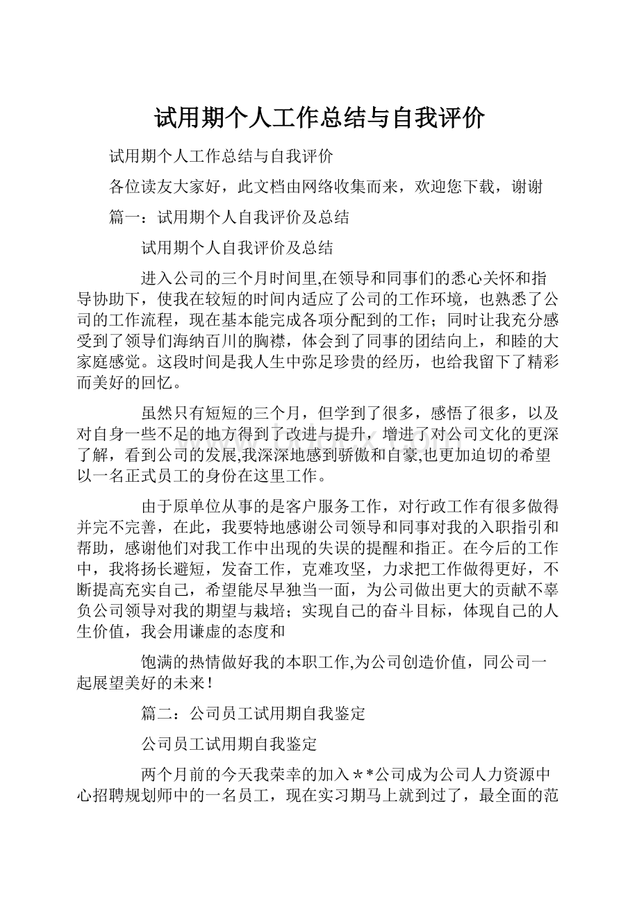 试用期个人工作总结与自我评价.docx