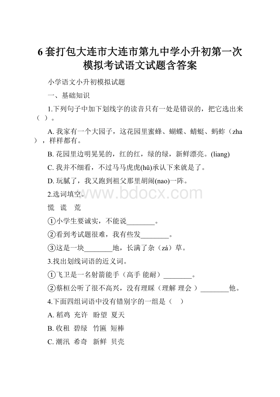 6套打包大连市大连市第九中学小升初第一次模拟考试语文试题含答案.docx