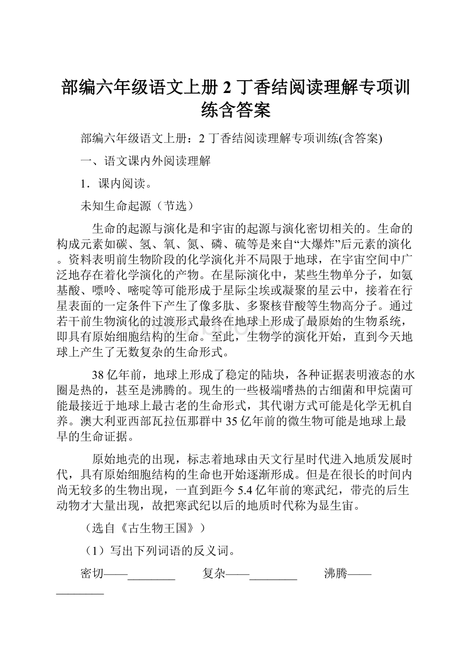 部编六年级语文上册2 丁香结阅读理解专项训练含答案.docx