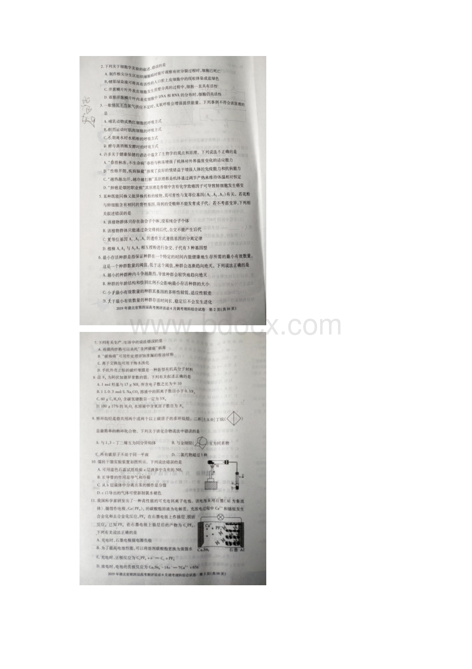 首发湖北省届高三份调研考试理科综合试题图片版.docx_第2页