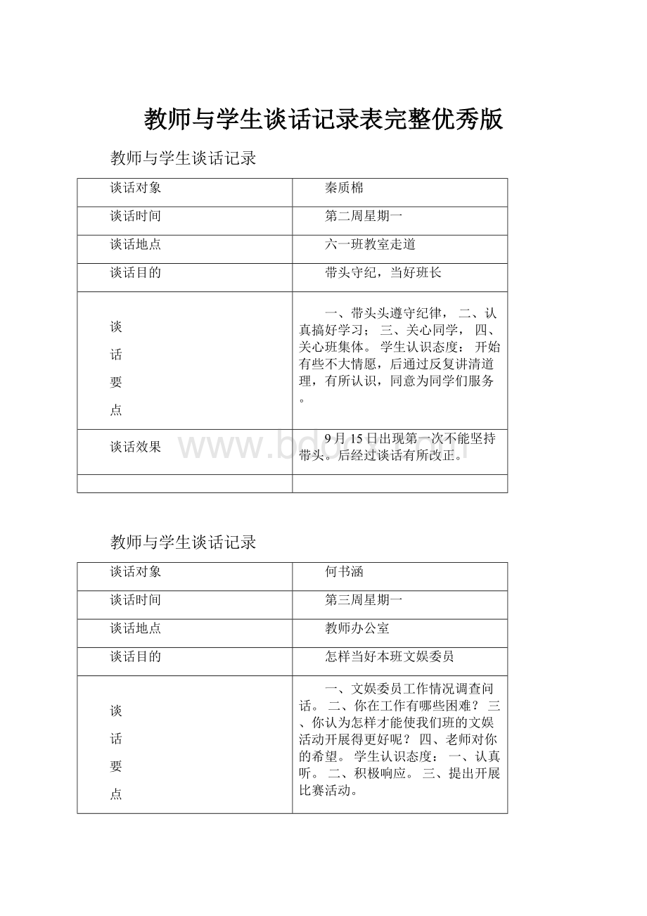 教师与学生谈话记录表完整优秀版.docx_第1页