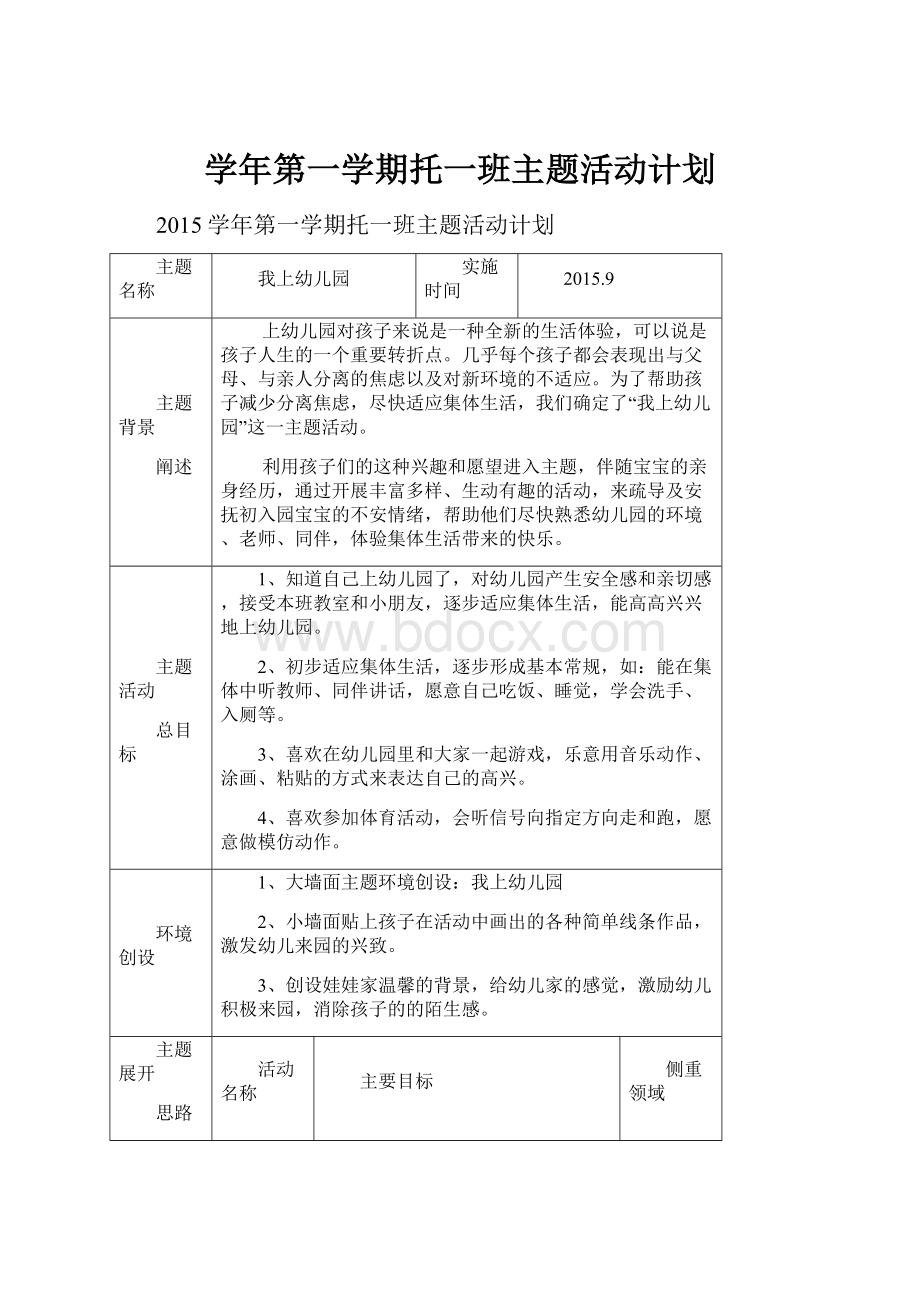 学年第一学期托一班主题活动计划.docx_第1页