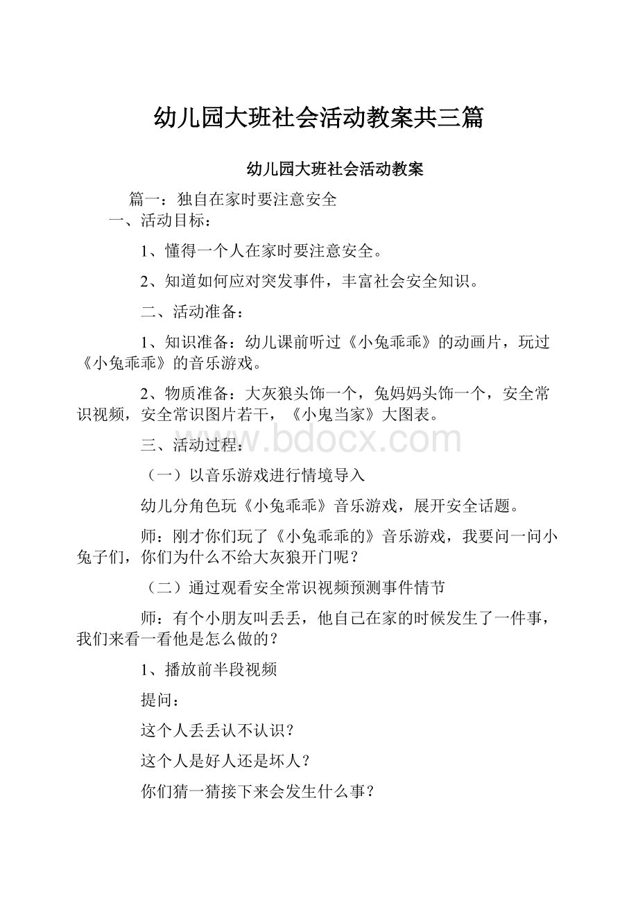 幼儿园大班社会活动教案共三篇.docx_第1页