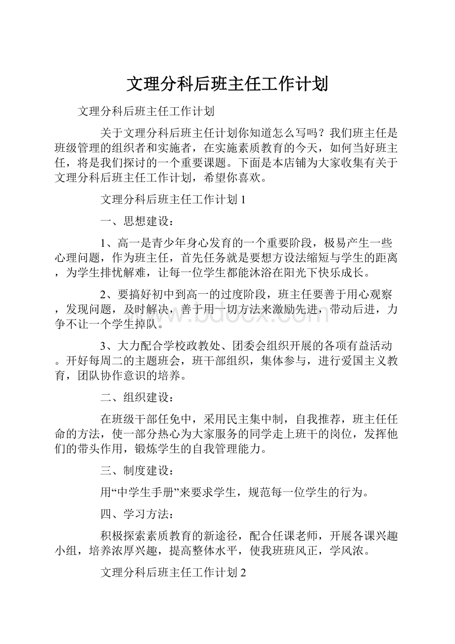 文理分科后班主任工作计划.docx