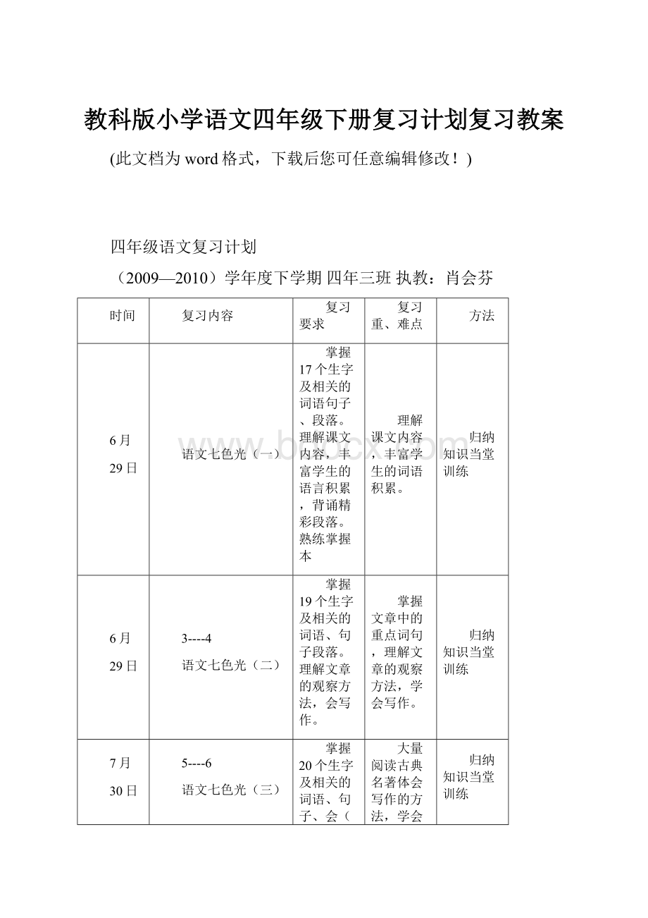 教科版小学语文四年级下册复习计划复习教案.docx