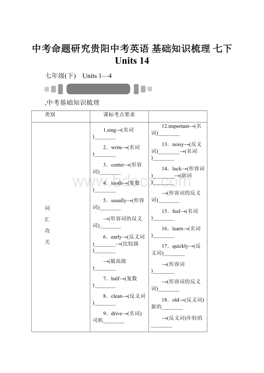 中考命题研究贵阳中考英语 基础知识梳理 七下 Units 14.docx