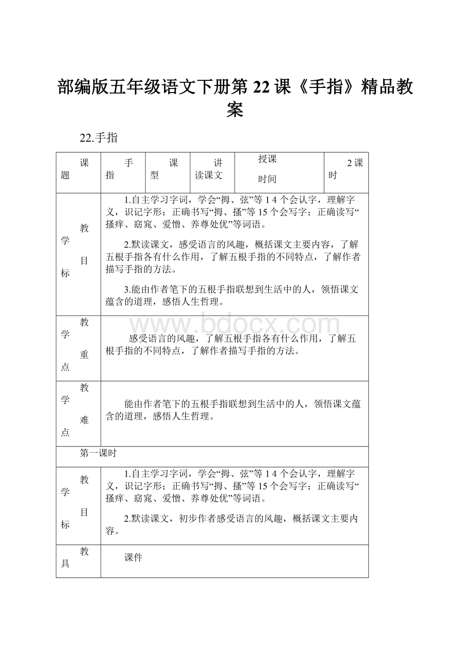 部编版五年级语文下册第22课《手指》精品教案.docx_第1页