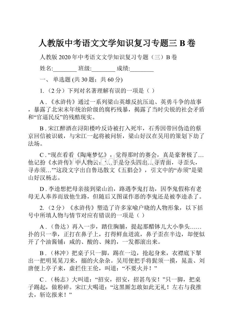 人教版中考语文文学知识复习专题三B卷.docx