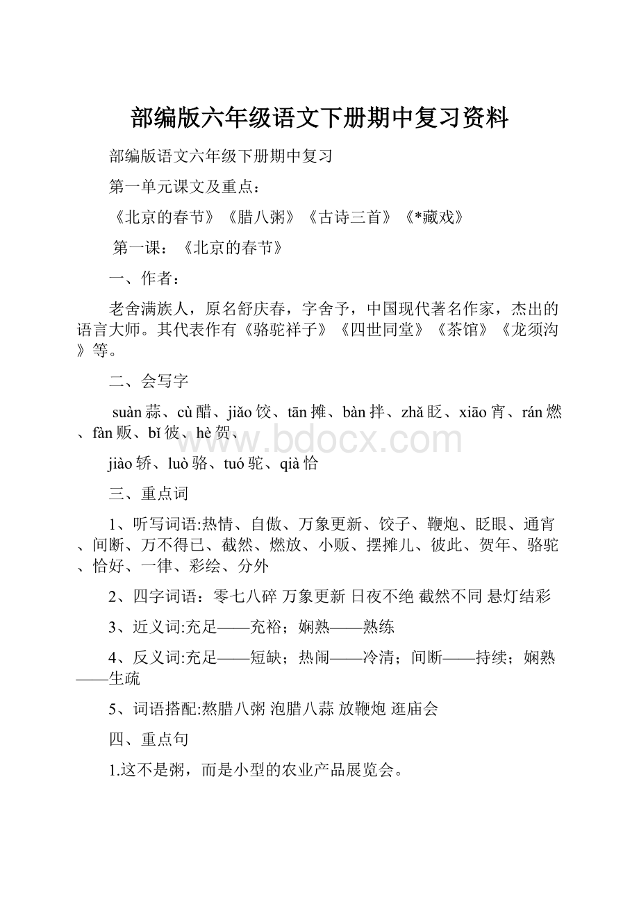 部编版六年级语文下册期中复习资料.docx