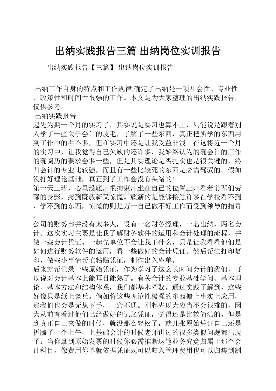 出纳实践报告三篇 出纳岗位实训报告.docx