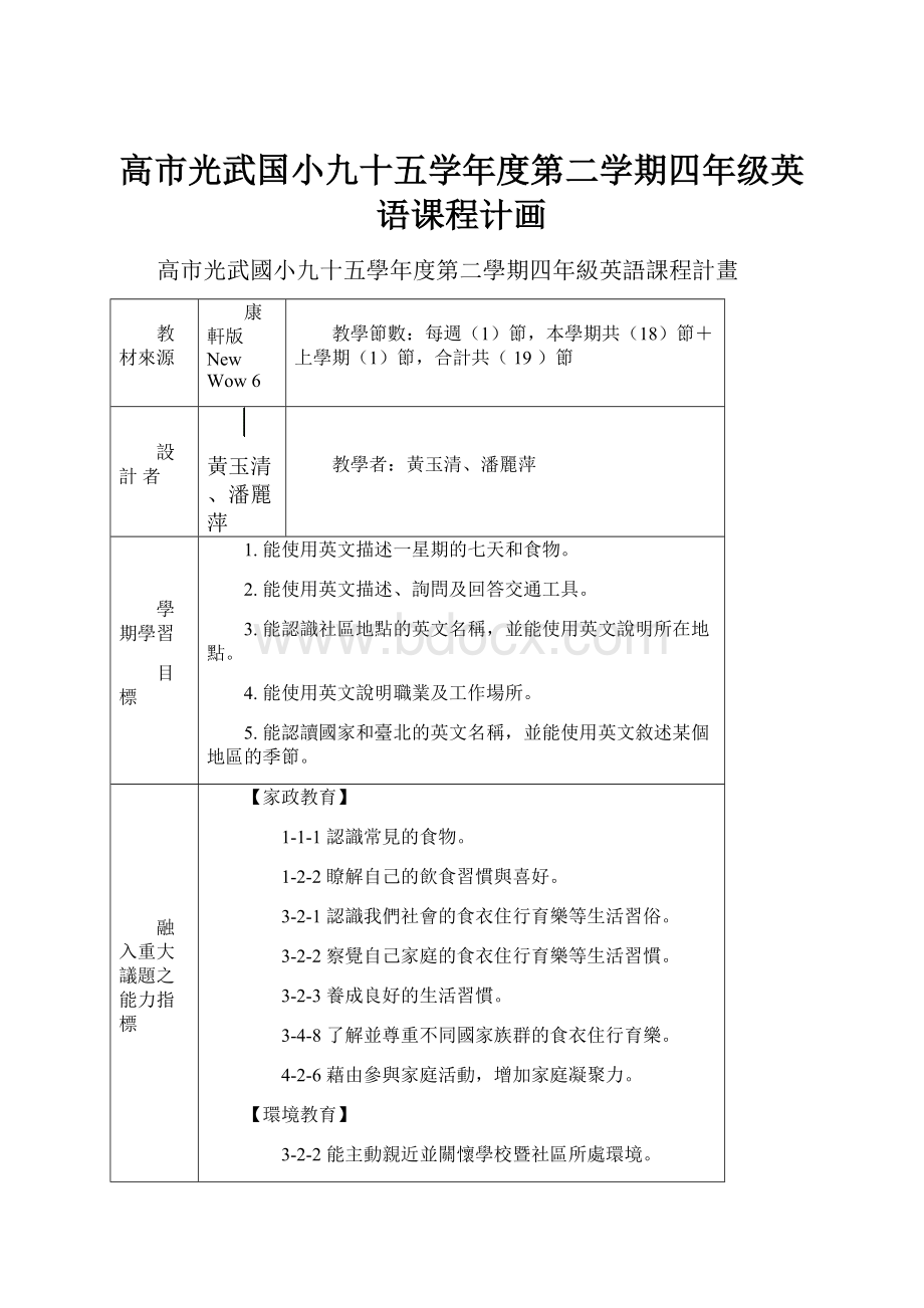 高市光武国小九十五学年度第二学期四年级英语课程计画.docx