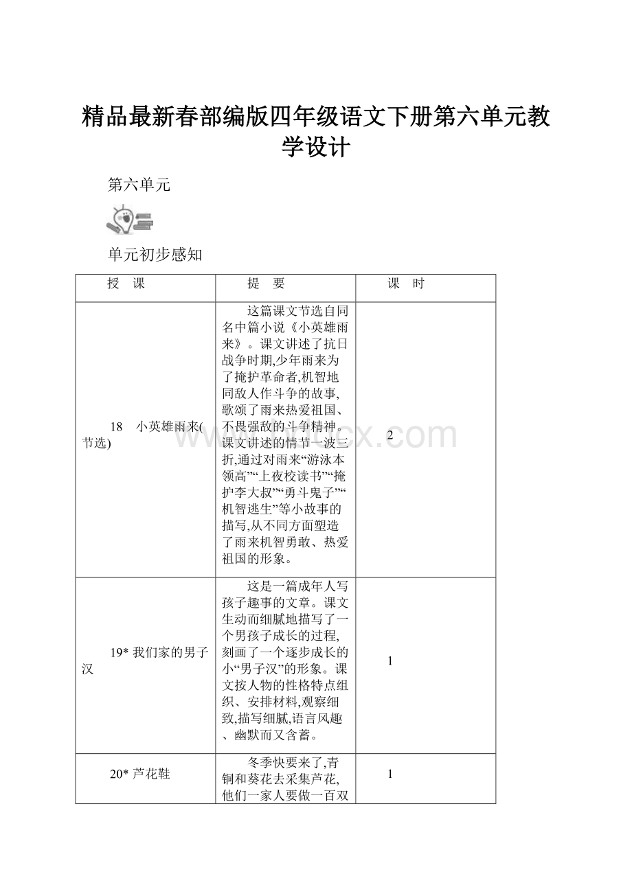 精品最新春部编版四年级语文下册第六单元教学设计.docx