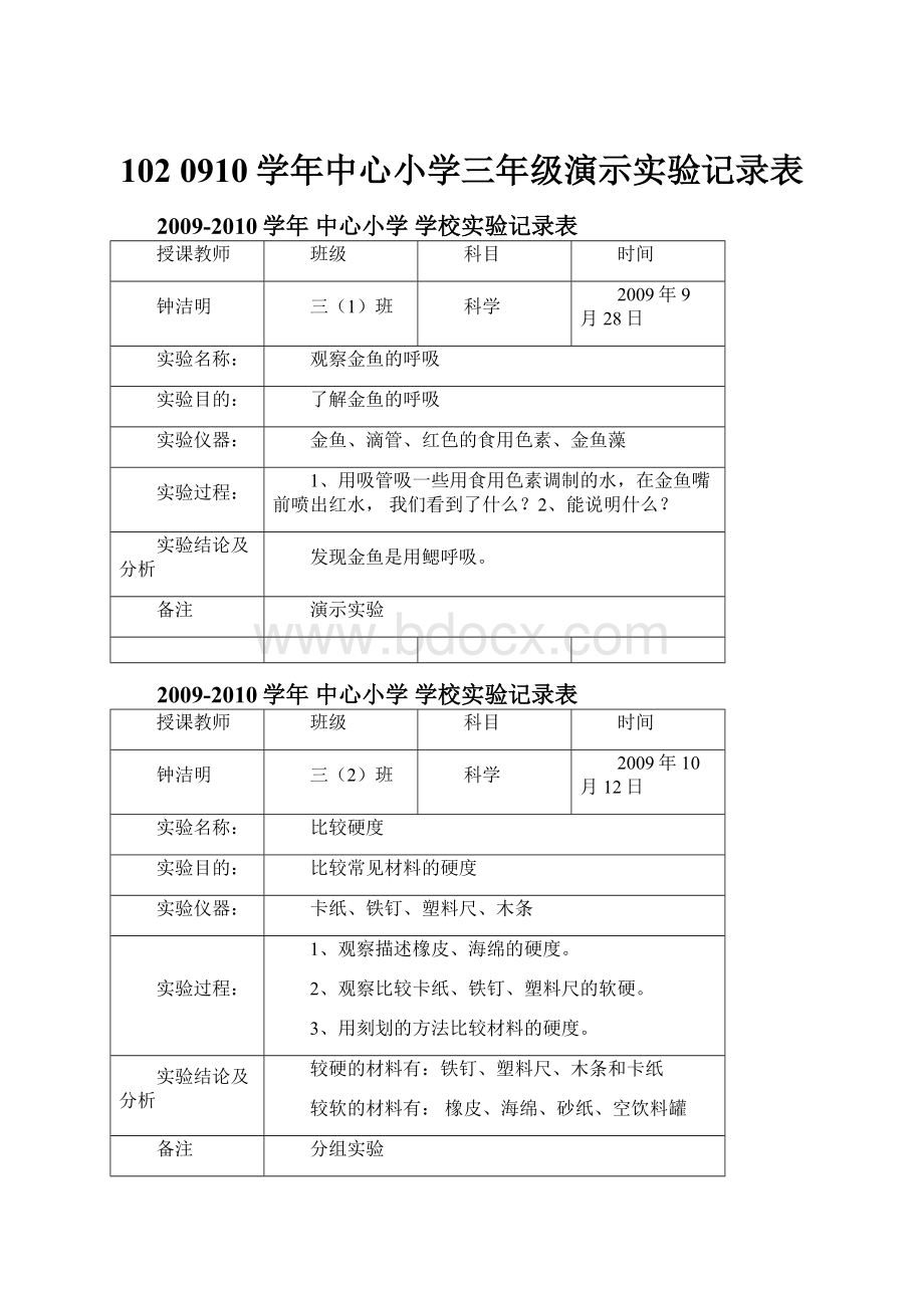 1020910学年中心小学三年级演示实验记录表.docx