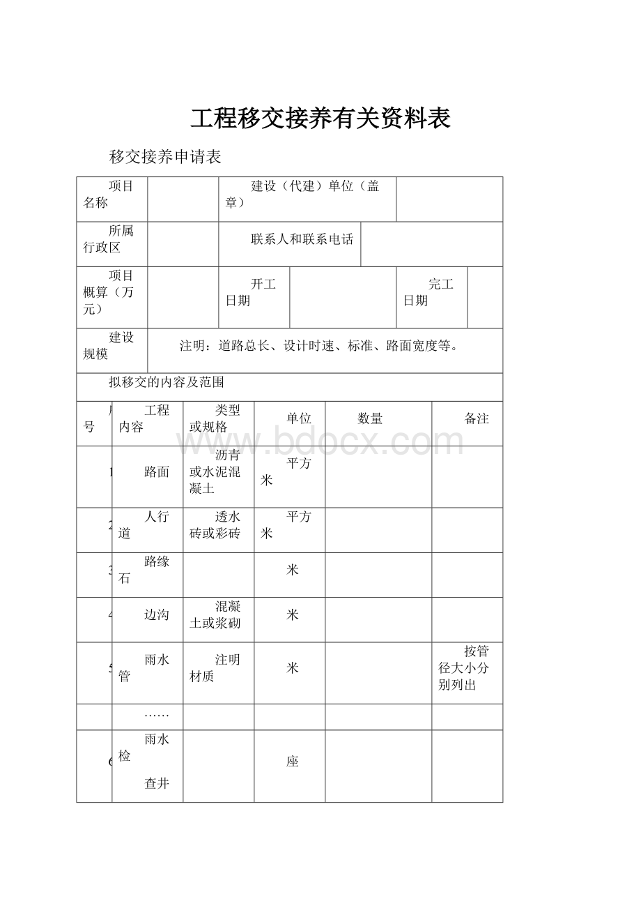 工程移交接养有关资料表.docx