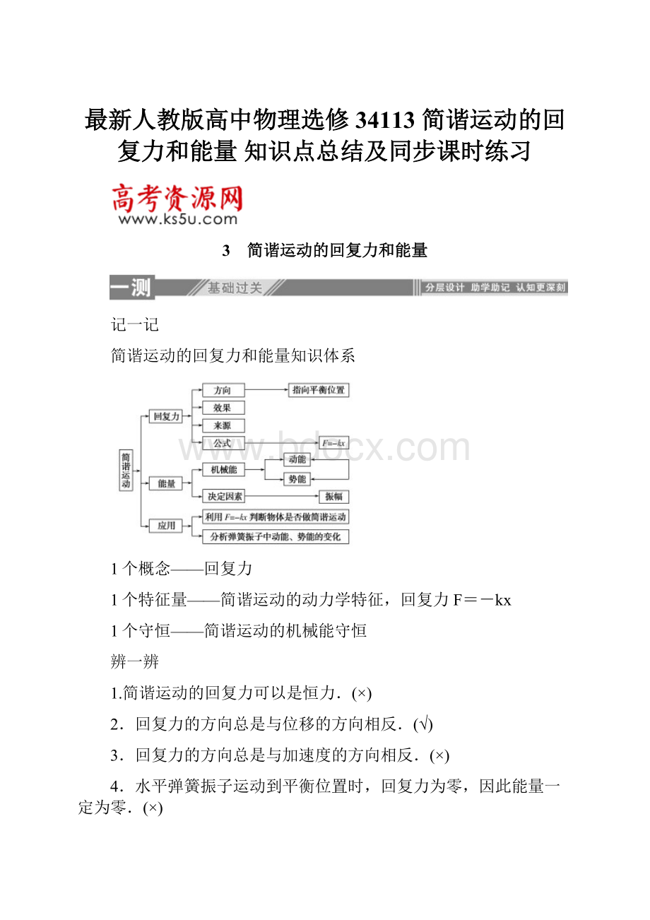 最新人教版高中物理选修34113 简谐运动的回复力和能量 知识点总结及同步课时练习.docx