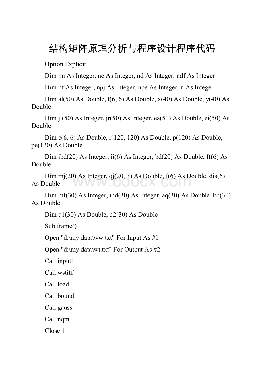 结构矩阵原理分析与程序设计程序代码.docx_第1页