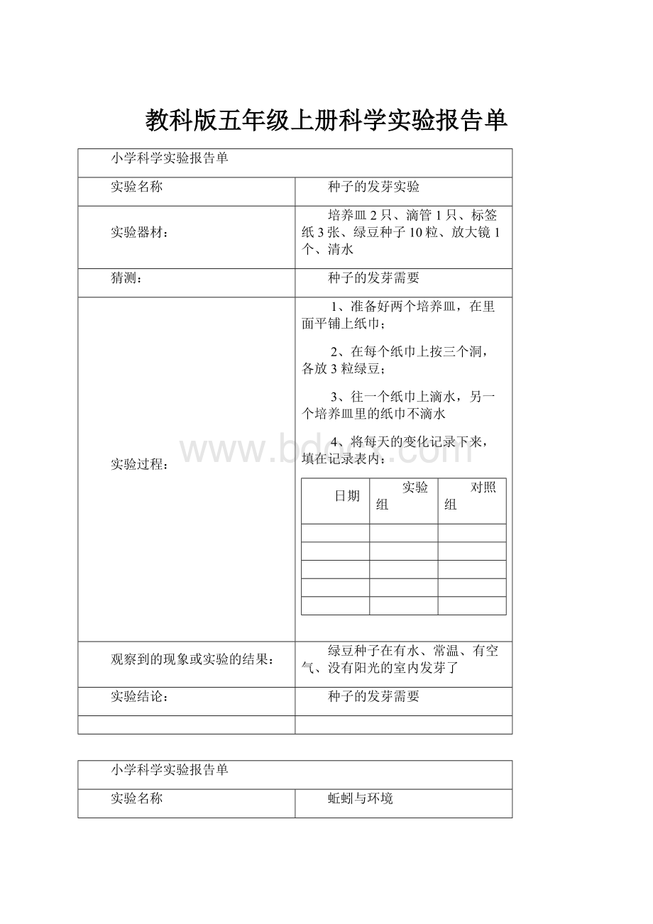 教科版五年级上册科学实验报告单.docx