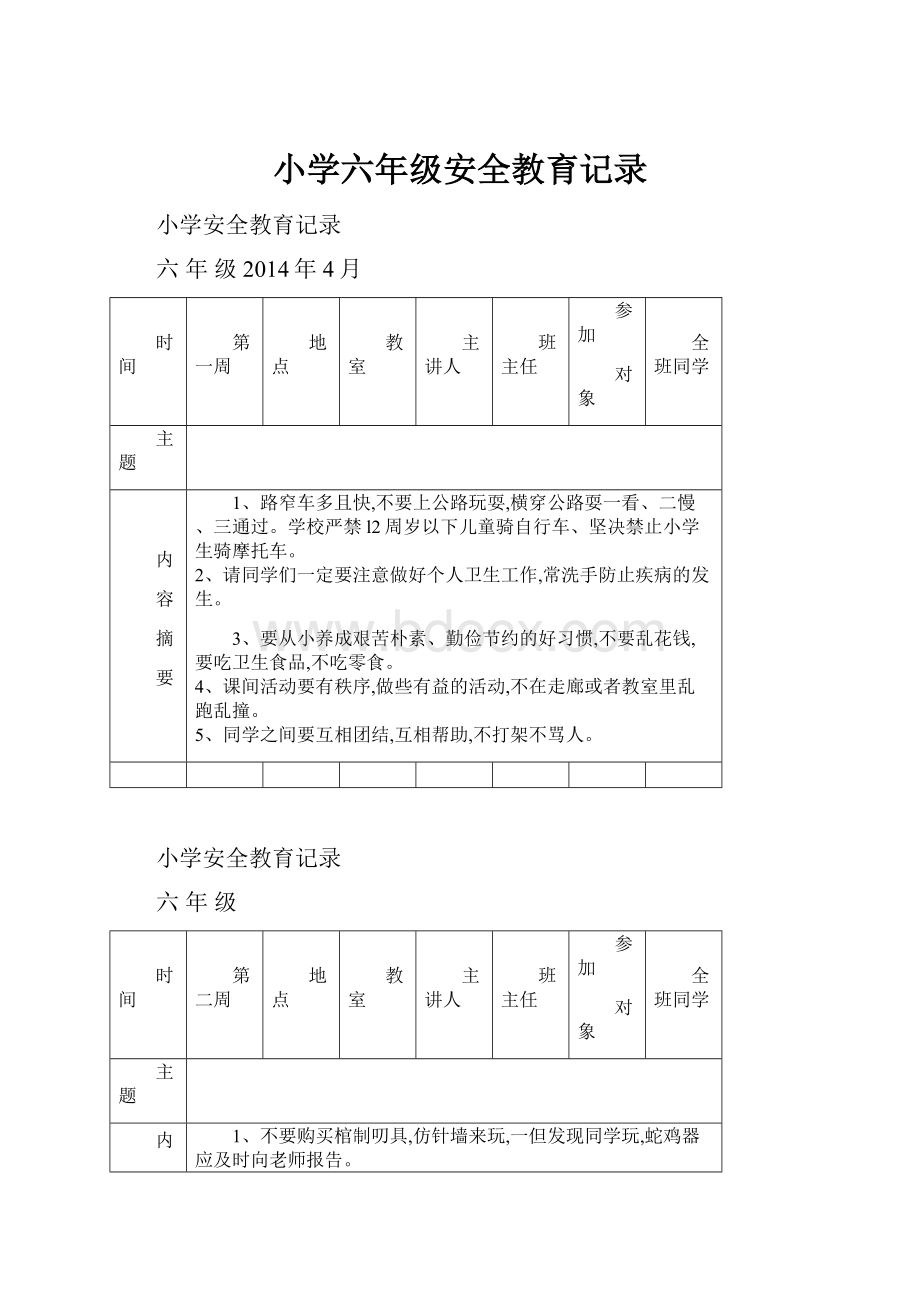 小学六年级安全教育记录.docx