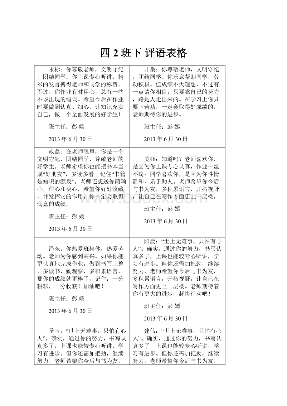 四2班下评语表格.docx_第1页