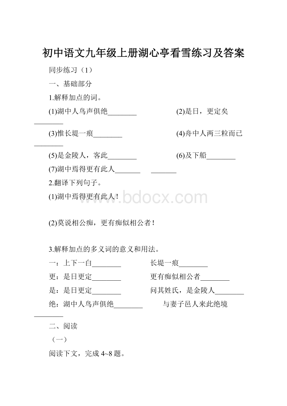 初中语文九年级上册湖心亭看雪练习及答案.docx