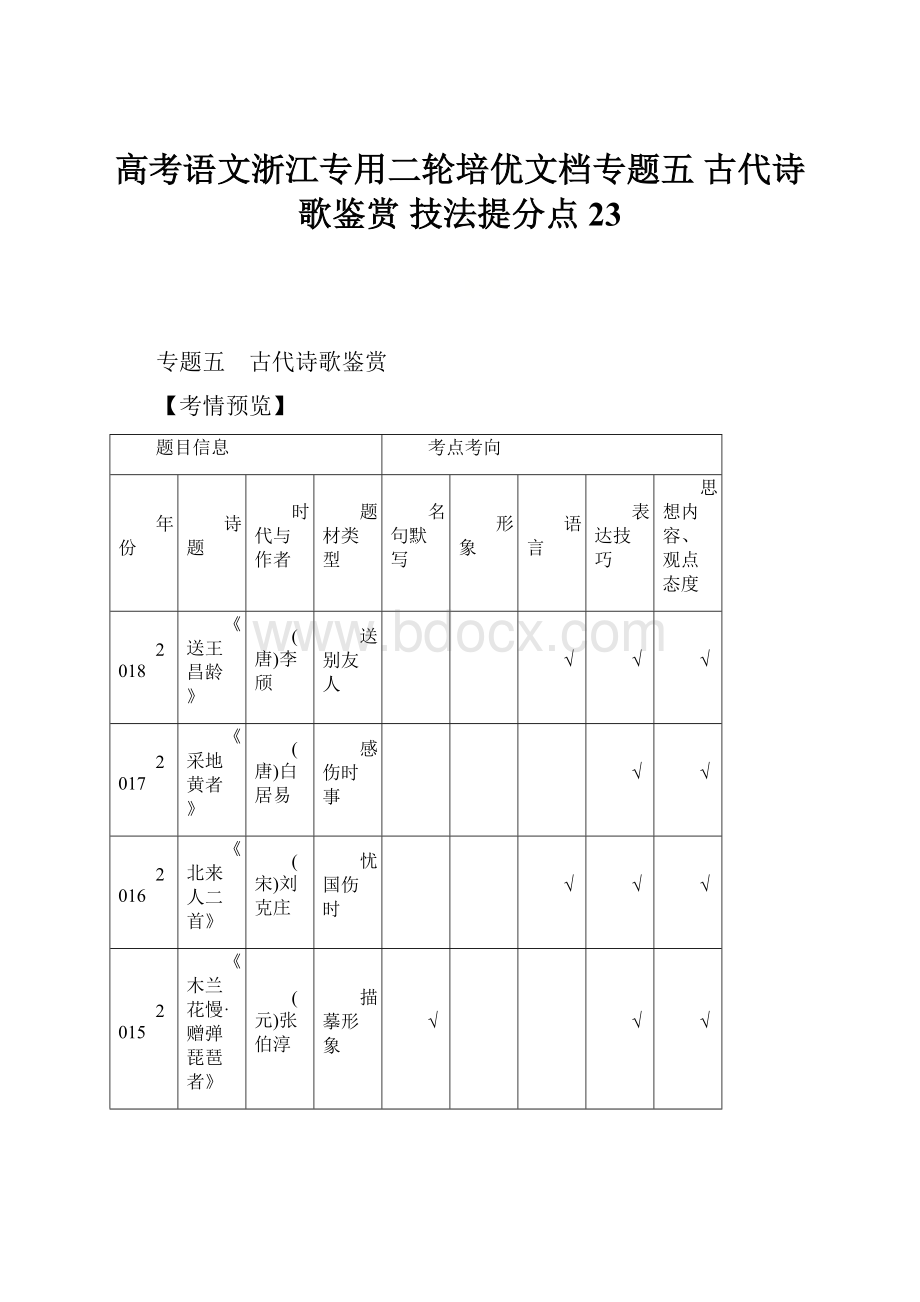 高考语文浙江专用二轮培优文档专题五 古代诗歌鉴赏 技法提分点23.docx_第1页