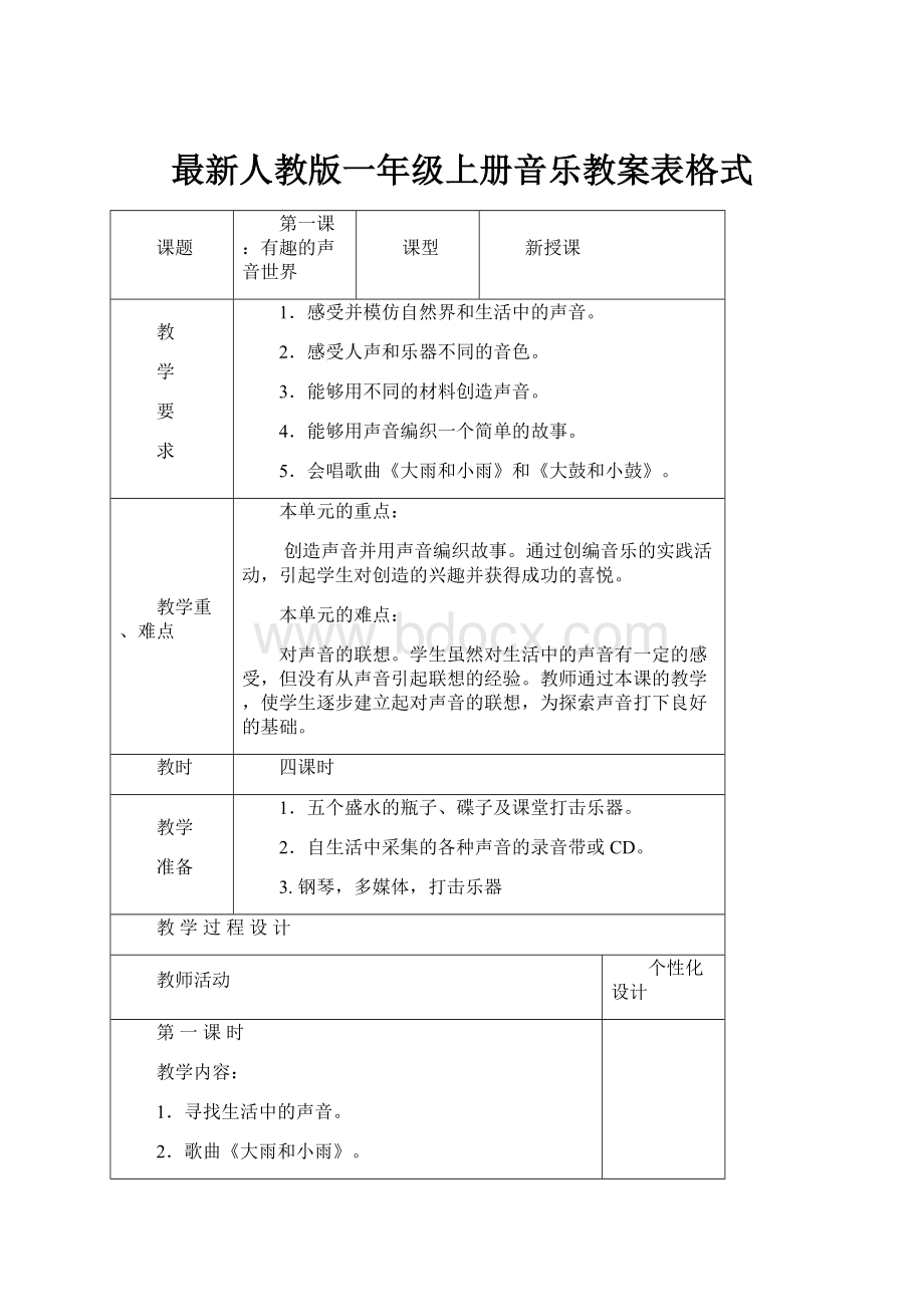 最新人教版一年级上册音乐教案表格式.docx