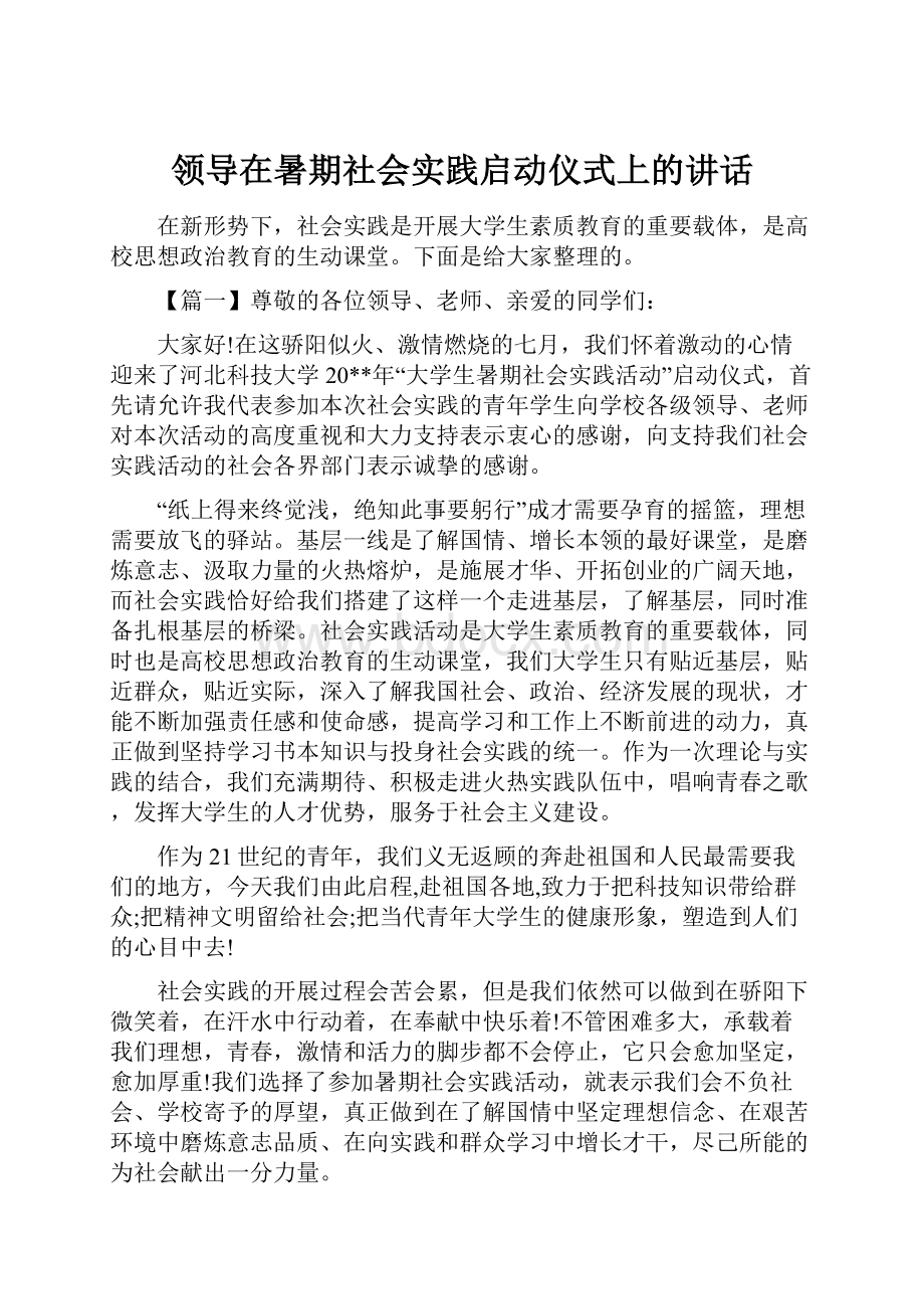 领导在暑期社会实践启动仪式上的讲话.docx_第1页