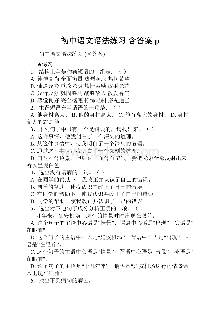 初中语文语法练习 含答案 p.docx