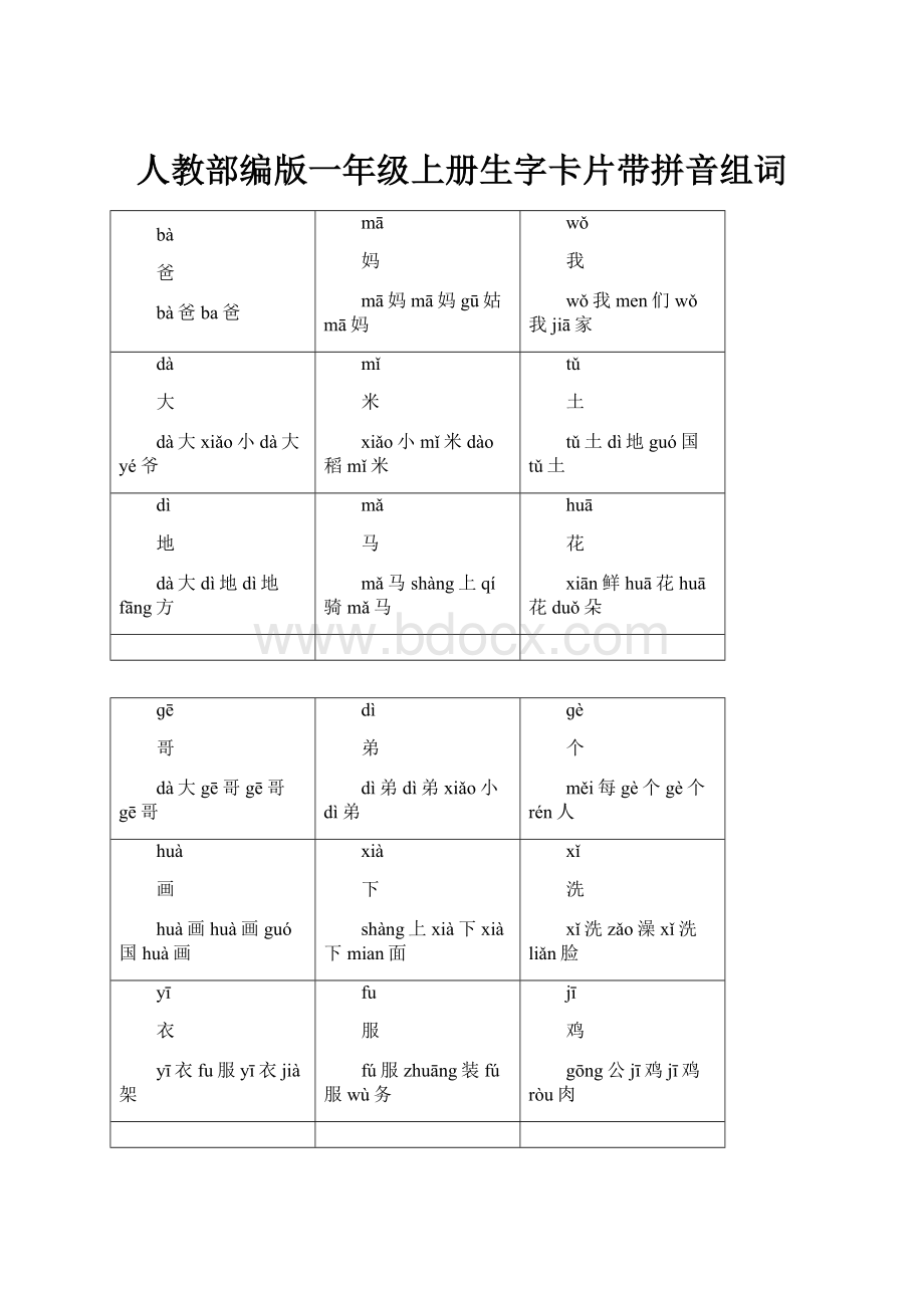 人教部编版一年级上册生字卡片带拼音组词.docx_第1页