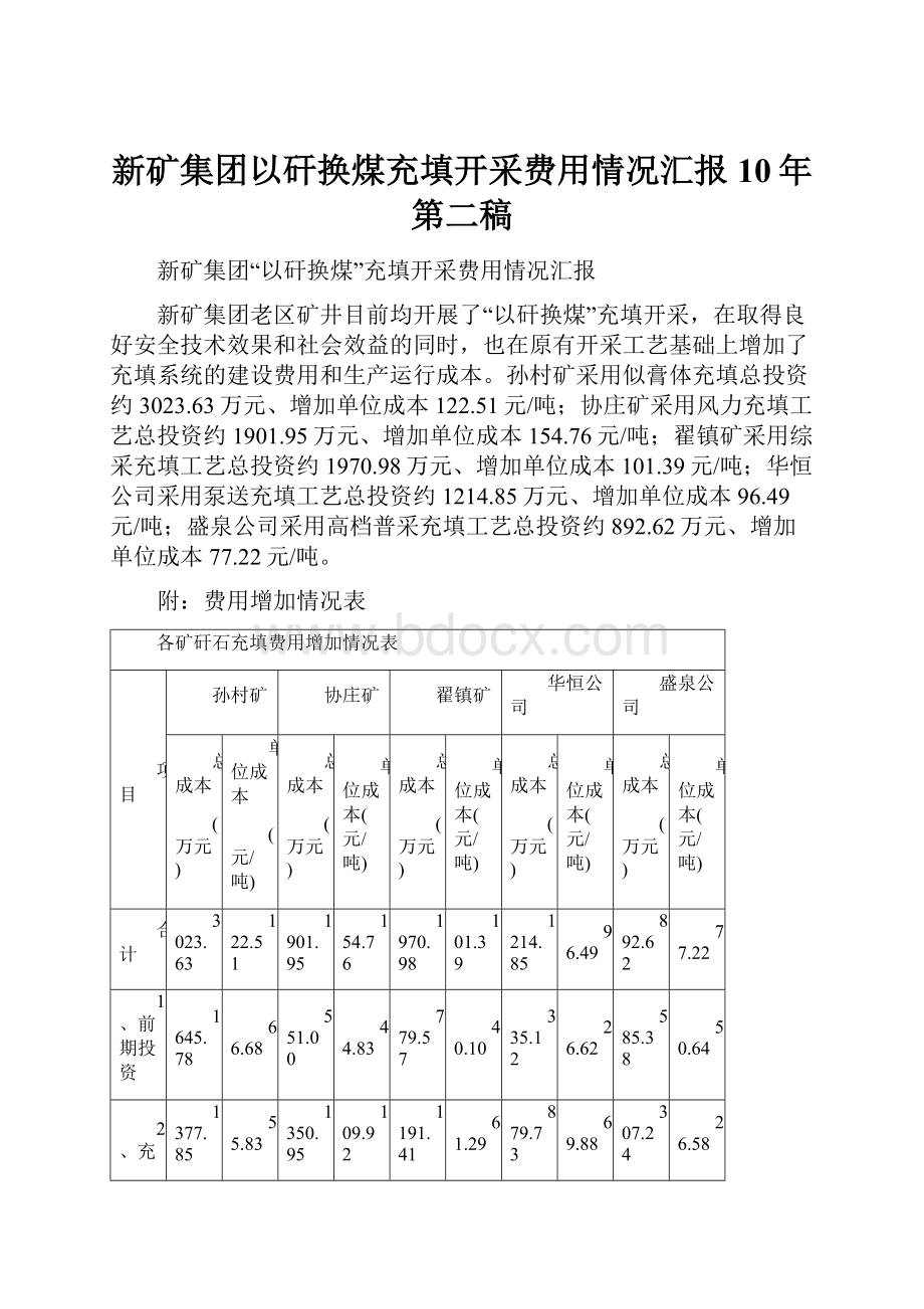 新矿集团以矸换煤充填开采费用情况汇报10年第二稿.docx_第1页