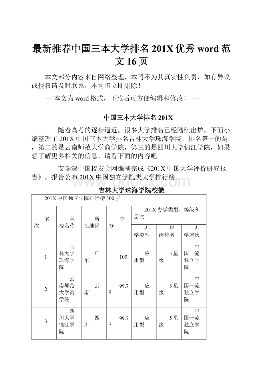 最新推荐中国三本大学排名201X优秀word范文 16页.docx_第1页