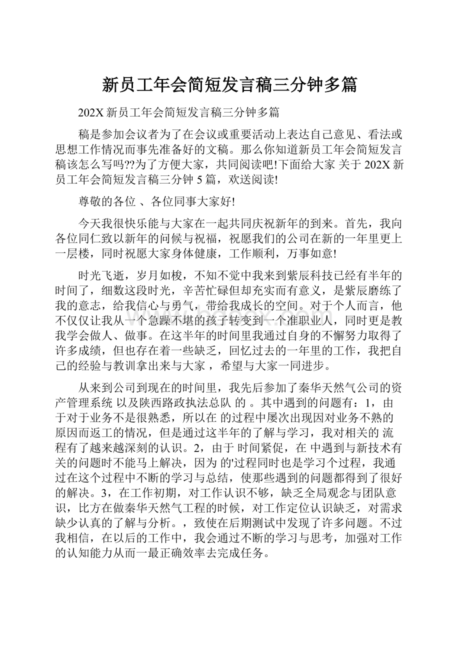 新员工年会简短发言稿三分钟多篇.docx