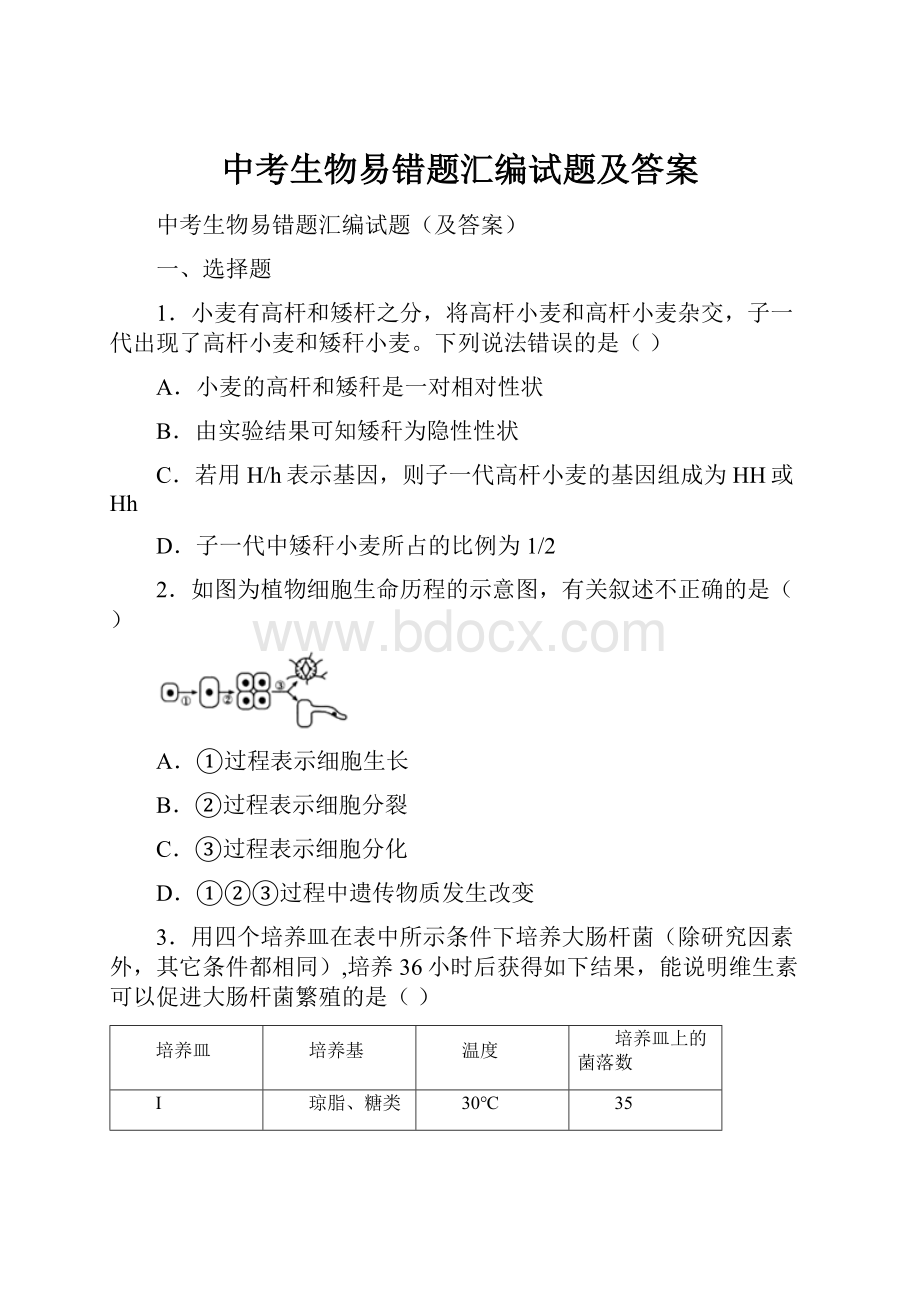 中考生物易错题汇编试题及答案.docx_第1页