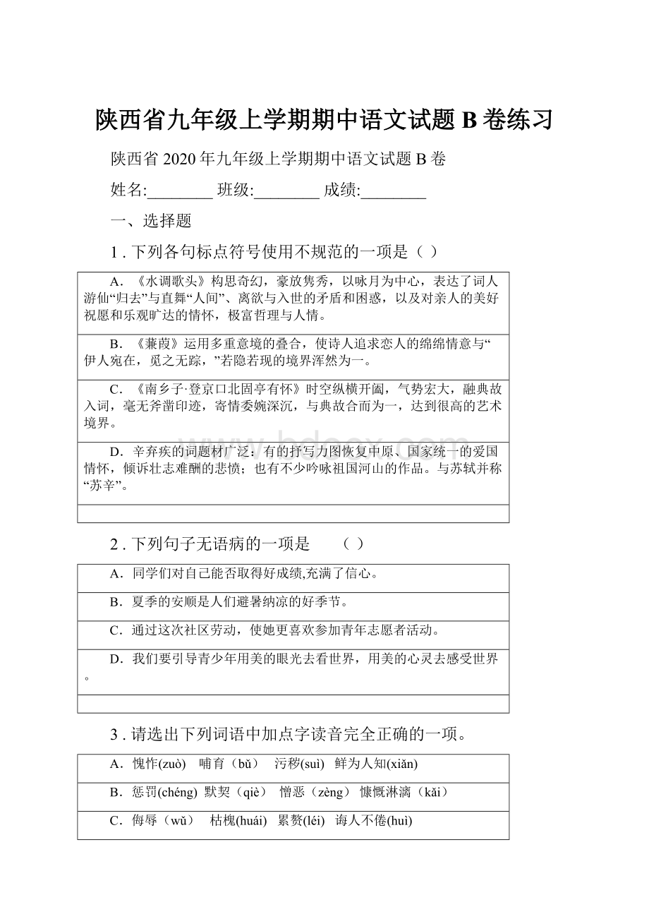 陕西省九年级上学期期中语文试题B卷练习.docx