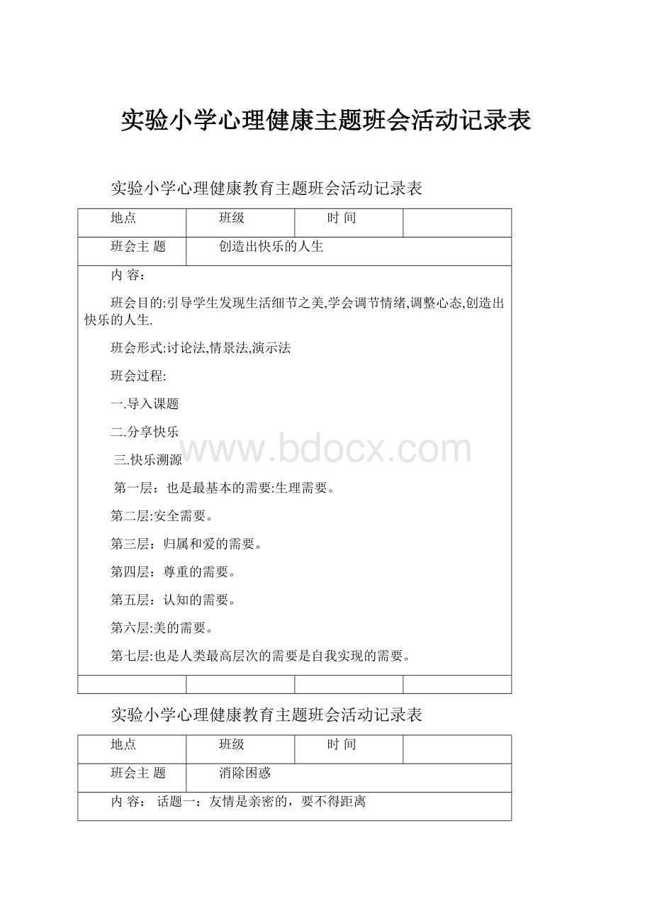 实验小学心理健康主题班会活动记录表.docx