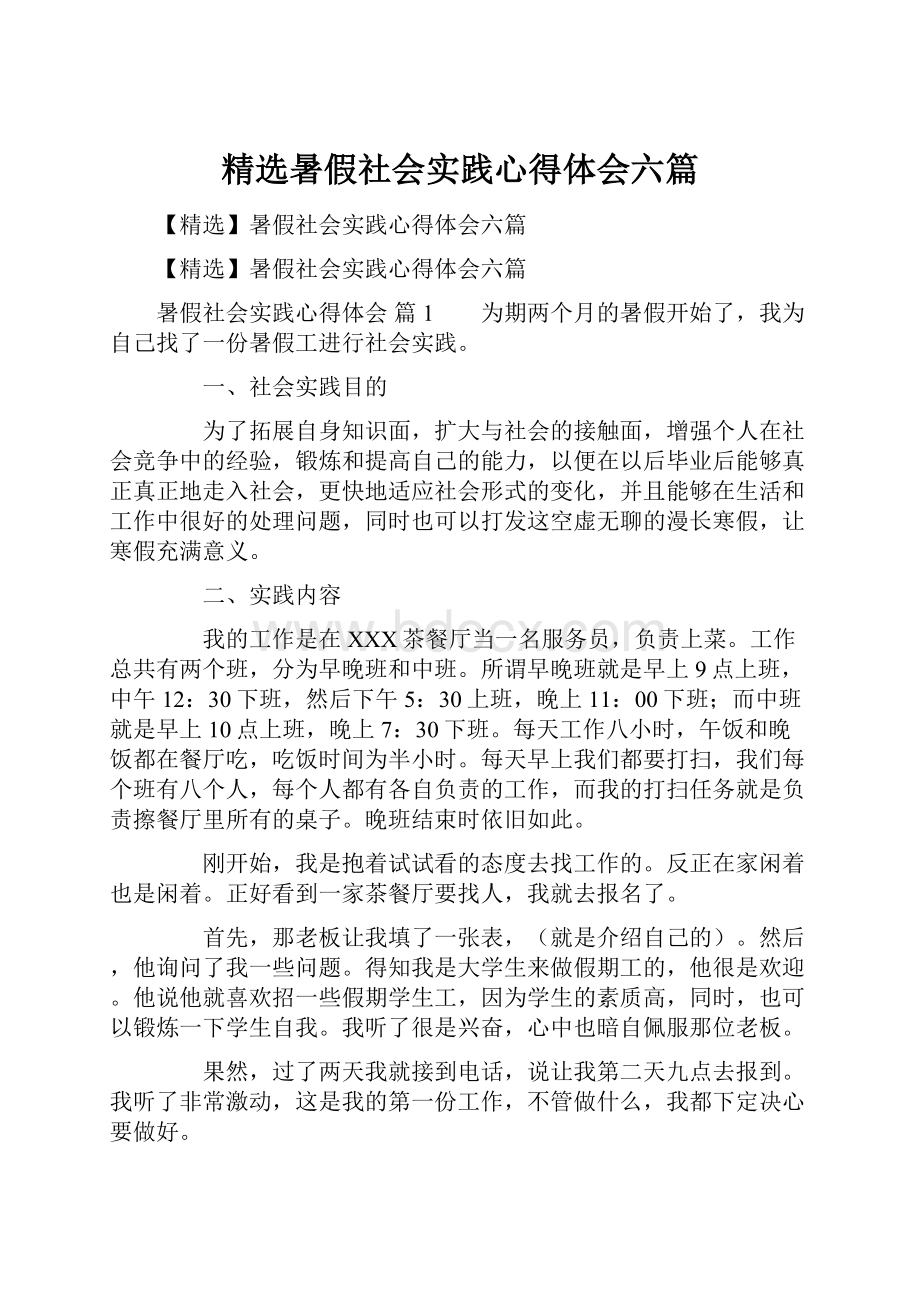 精选暑假社会实践心得体会六篇.docx