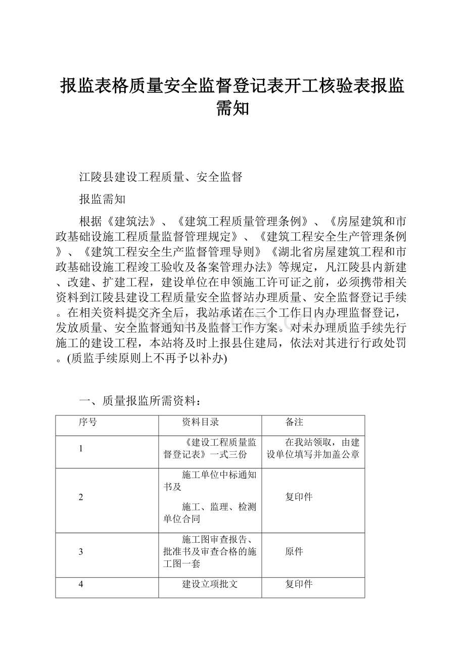 报监表格质量安全监督登记表开工核验表报监需知.docx