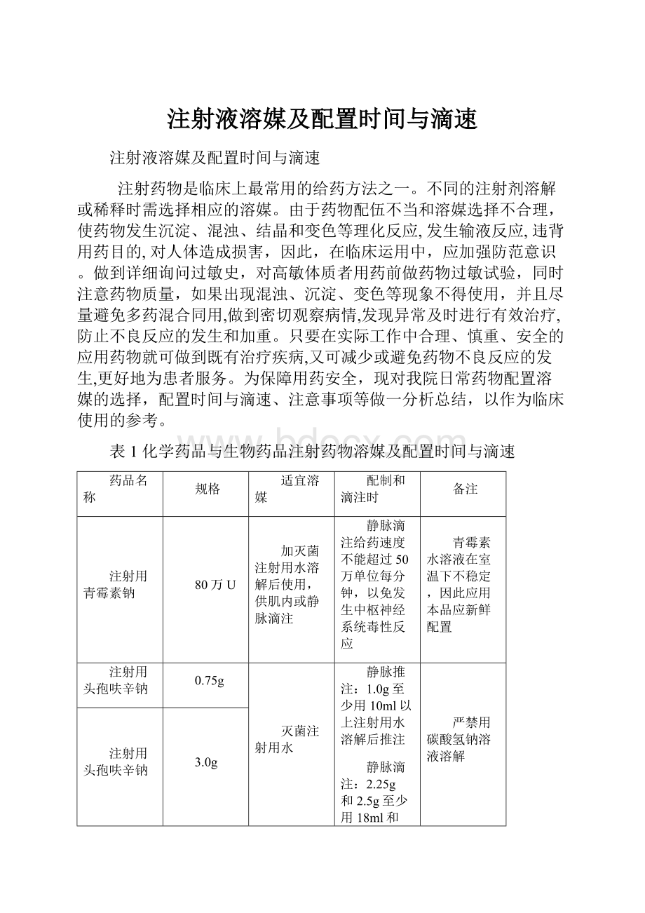 注射液溶媒及配置时间与滴速.docx