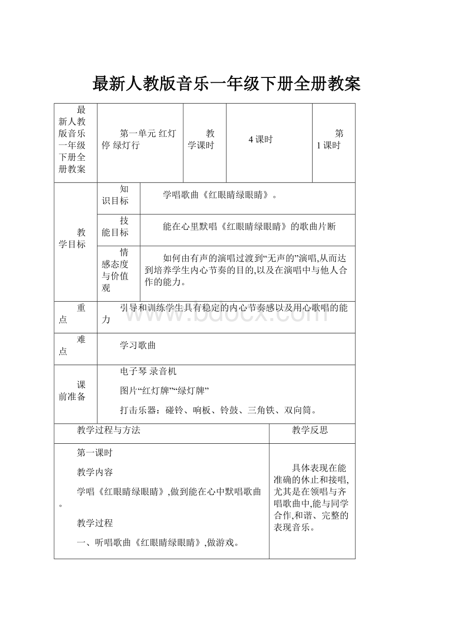 最新人教版音乐一年级下册全册教案.docx