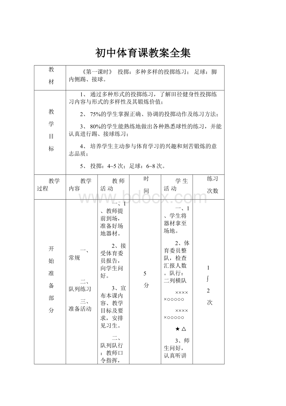 初中体育课教案全集.docx