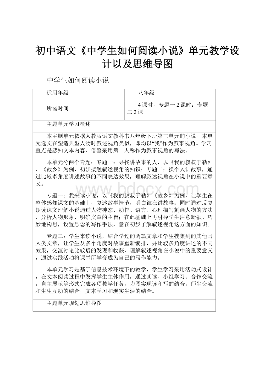 初中语文《中学生如何阅读小说》单元教学设计以及思维导图.docx