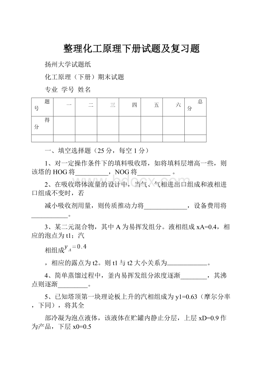 整理化工原理下册试题及复习题.docx