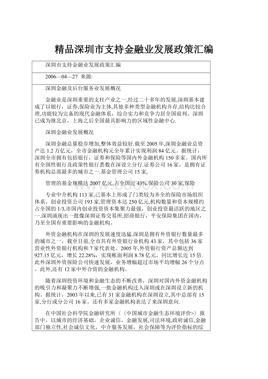 精品深圳市支持金融业发展政策汇编.docx_第1页