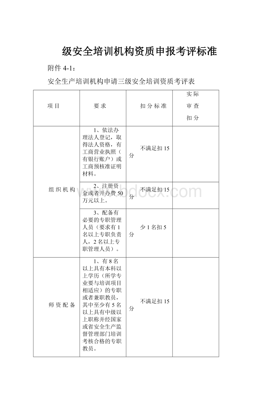 级安全培训机构资质申报考评标准.docx_第1页